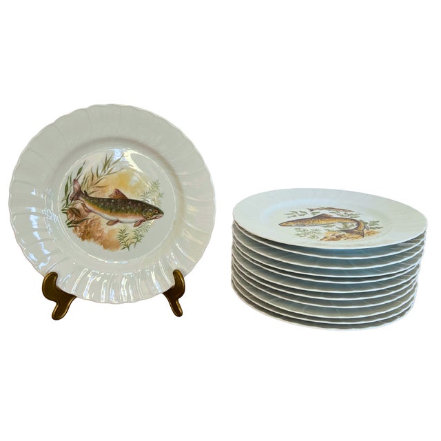 Porcelain Fish Plates Service for 12 with Hand-Painted Freshwater Fish from Limoges, France, 1930s, Set of 12 For Sale - Image 11 of 11