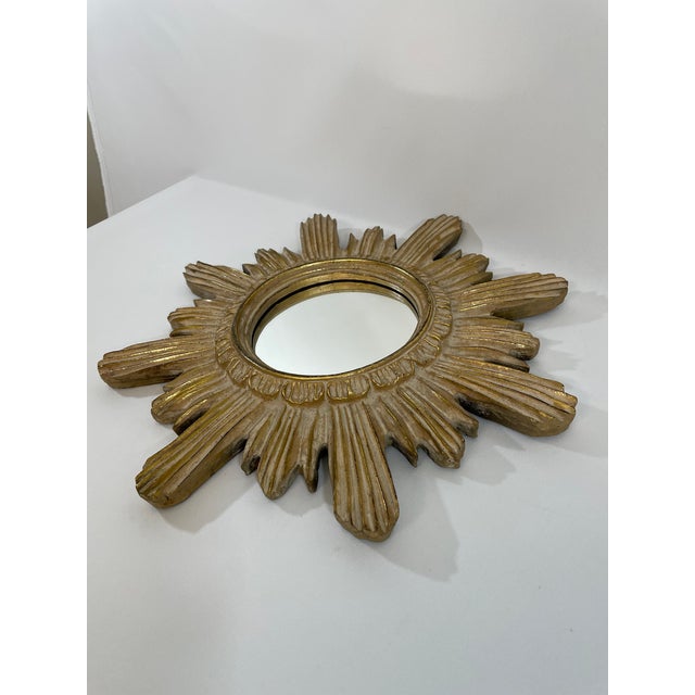 1960s Vintage Mid Century 16.5" Creamy Giltwood Sunburst Wall Mirror For Sale - Image 5 of 18