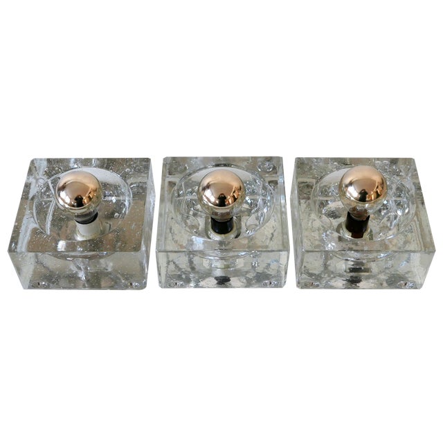Hand-Blown Ice-Glass Cube Sconces by Müller & Zimmer, Germany, 1970s, Set of 3 For Sale