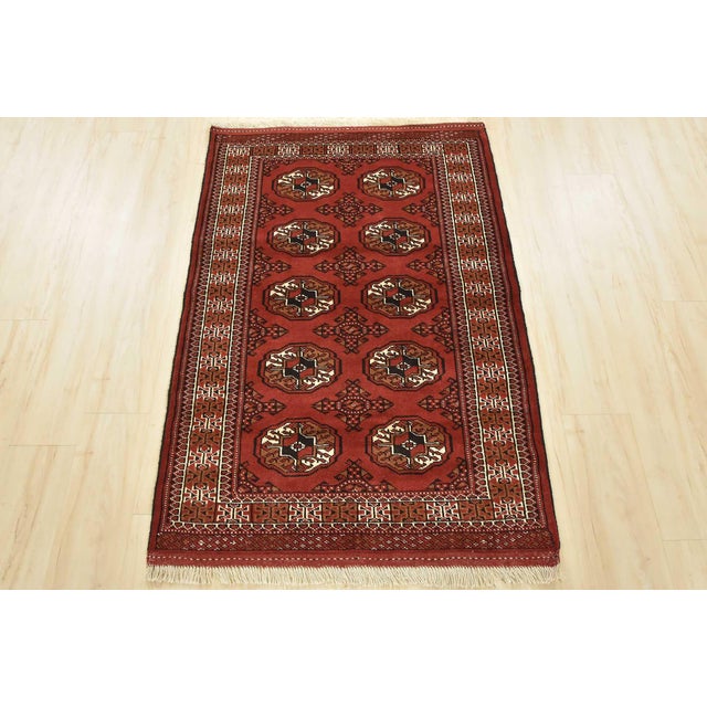 Tribal Turkmen Rug 3'3'' X 5' Red Wool Vintage Tribal Hand-Knotted Oriental Carpet For Sale - Image 3 of 12