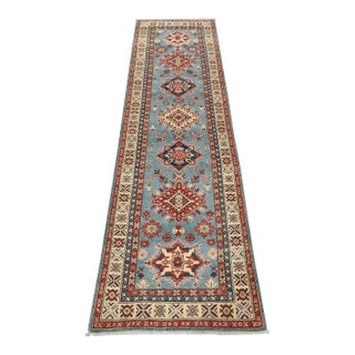 Kazak Runner 2’9” X 9’3” Blue Wool Tribal Hand-Knotted Oriental Rug For Sale