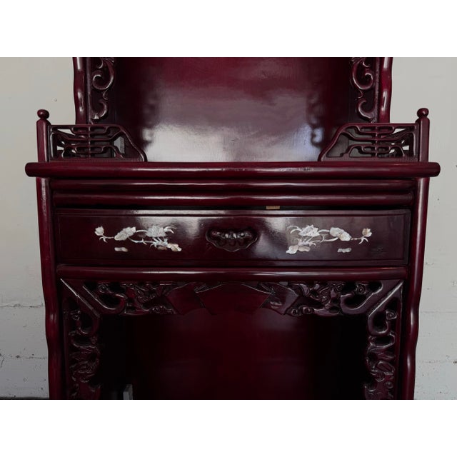 Chinese 1990s Ornate Chinese Carved Burgundy Lacquer Display Cabinet For Sale - Image 3 of 6