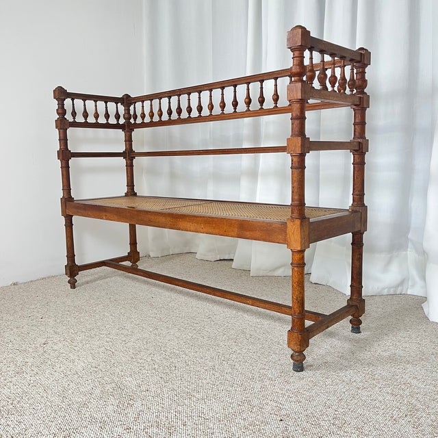 Antique Louis XIII Style Turned Wood and Cane Bench, Late 19th-Early 20th Century Beautiful antique turned wood and cane...