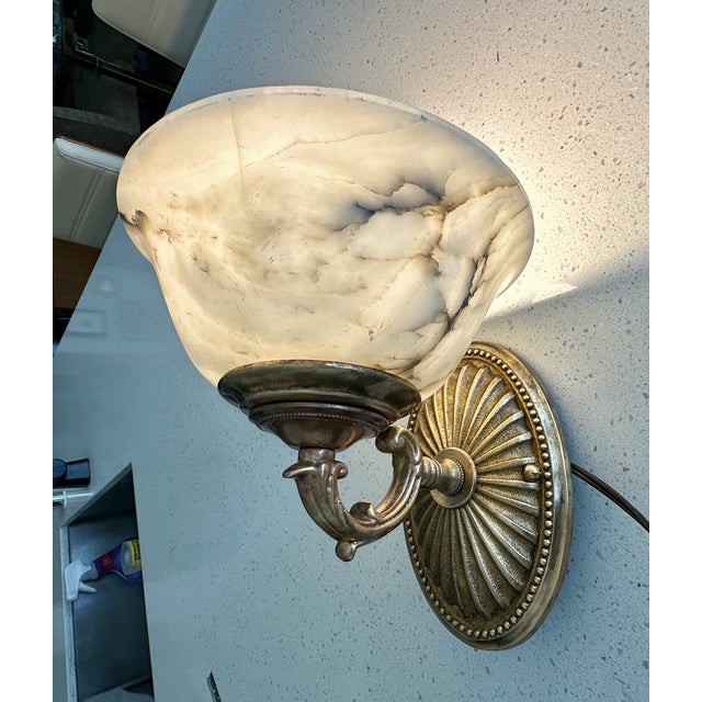 Pair Brass Alabaster Sunburst Wall Sconces For Sale - Image 9 of 18