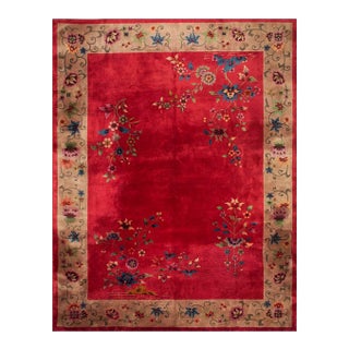 1920s Antique Red Scarlett Floral Haute Modern Knotted Wool Chinese Art Deco Rug For Sale
