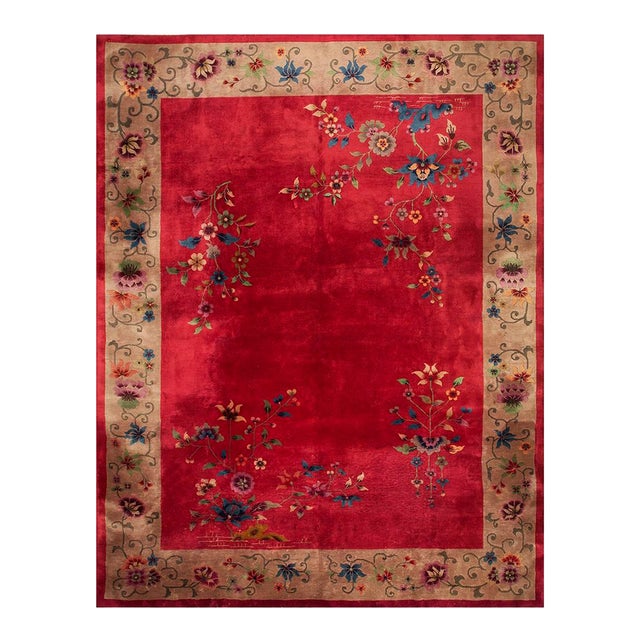 1920s Antique Red Scarlett Floral Haute Modern Knotted Wool Chinese Art Deco Rug For Sale