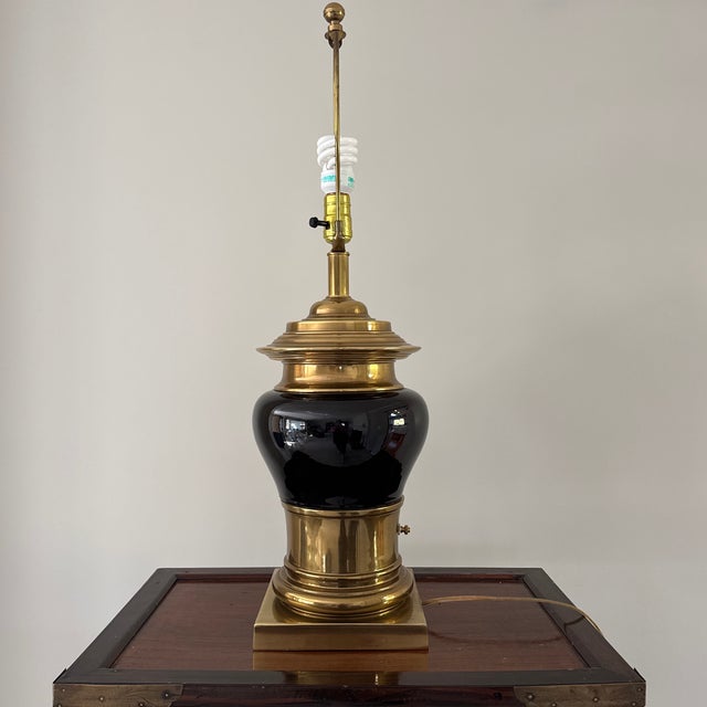 Metal Vintage Chapman Bronze and Black Enamel Porcelain Table Lamp For Sale - Image 7 of 12