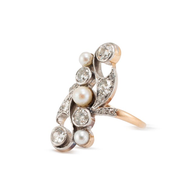 Modern Antique Platinum 14k Pearl 1.55ctw Old Euro Diamonds Belle ÉPoque Cocktail Ring, Size 6.25 For Sale - Image 3 of 8