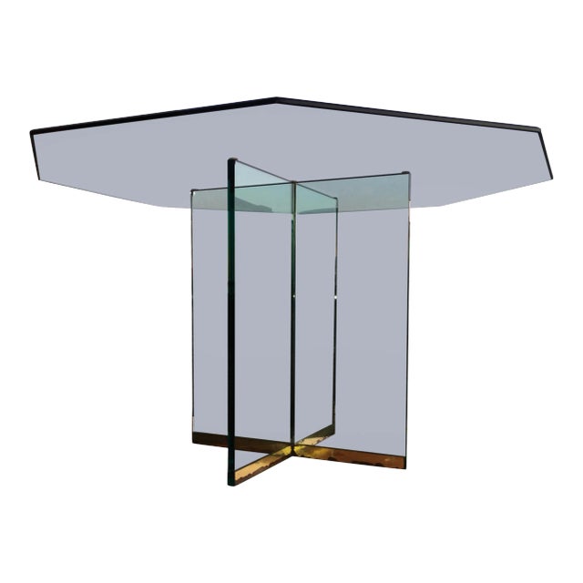 Modern Brass & Glass X-Base Pedestal Dining Table Thick Octagonal Glass Top From Pace Collection For Sale
