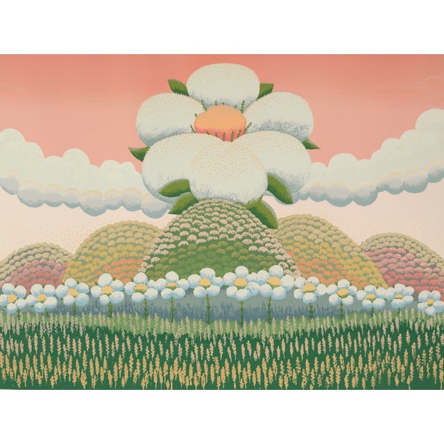 White Flowers on Pink Sky - Limited Edition Naive Serigraph Colorful serigraph by Croatian naive artist Ivan Rabuzin (b....
