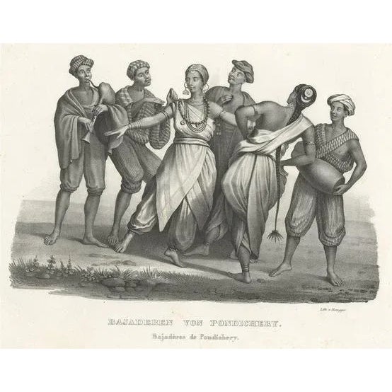 Schinz, Musicians and Bajadere Dancers from Pondicherry, India, 1845, Print For Sale - Image 5 of 5