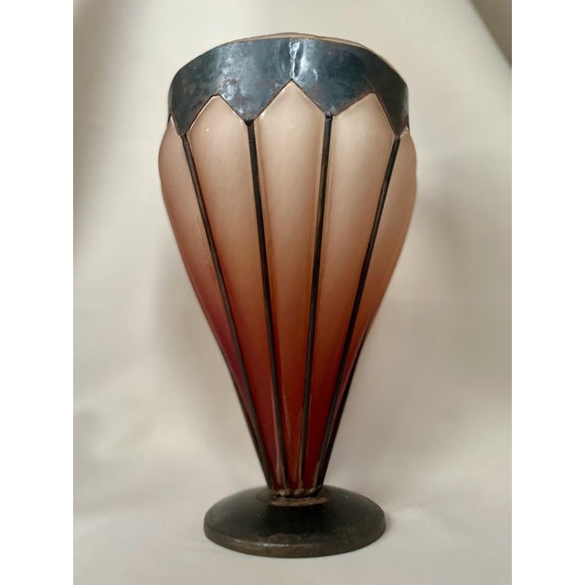 French Art Deco Frosted Glass and Patinated Bronze Vase in Geometric Casket, 1920s For Sale - Image 4 of 7