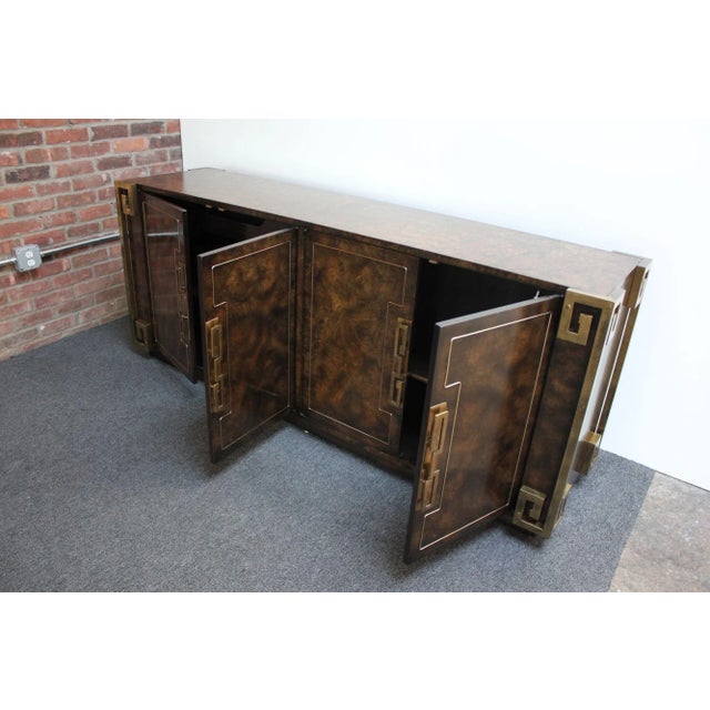 Mastercraft Vintage Elm Burl and Brass Greek Key Credenza by William Doezema for Mastercraft For Sale - Image 4 of 13