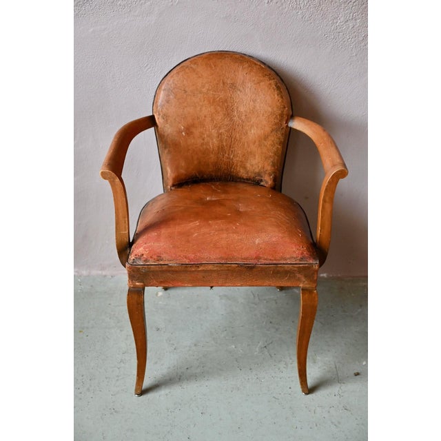 Art Deco Bridge Chair in Beech and Cognac Leather, 1920s For Sale - Image 6 of 14