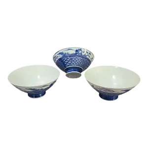 Vintage Asian Japanese Blue & White Painted Rice Serving Dipping Bowls- Set of 3