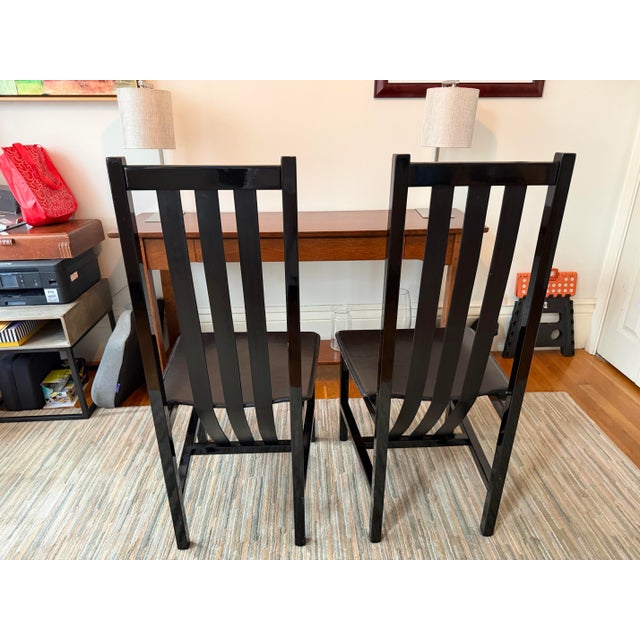 1980s Set of 4 Postmodern Black Wood and Leather Strap Dining Chairs For Sale - Image 9 of 12