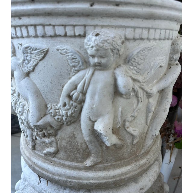 Antique Round White Cement Relief Cherub Planter For Sale - Image 9 of 12