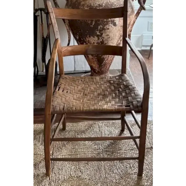American Antique Primitive Bentwood Arm Ladder Back Chair With Original Woven Splint Seat For Sale - Image 3 of 10