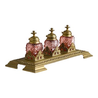 19th C. Antique Rose Colored Glass Inkwell Set For Sale