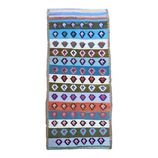 1970s Vintage Handmade Wool Cotton Blue Runner Rug For Sale