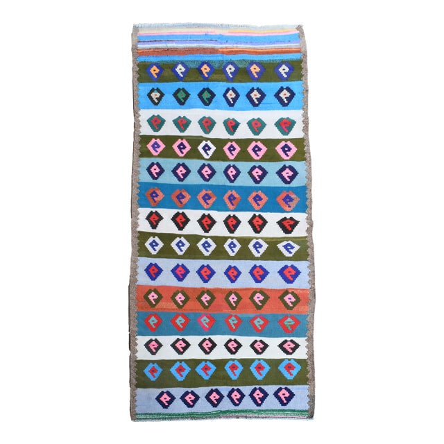 1970s Vintage Handmade Wool Cotton Blue Runner Rug For Sale