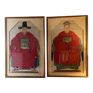 Early 20th Century Chinoiserie Emperor and Empress Framed Painted Scrolls - Set of 2 For Sale
