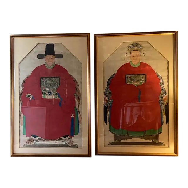 Early 20th Century Chinoiserie Emperor and Empress Framed Painted Scrolls - Set of 2 For Sale