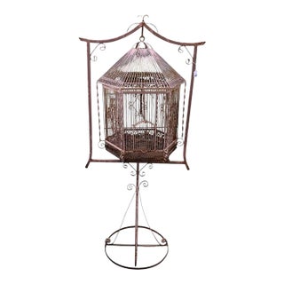 Vintage Iron Birdcage on Stand For Sale
