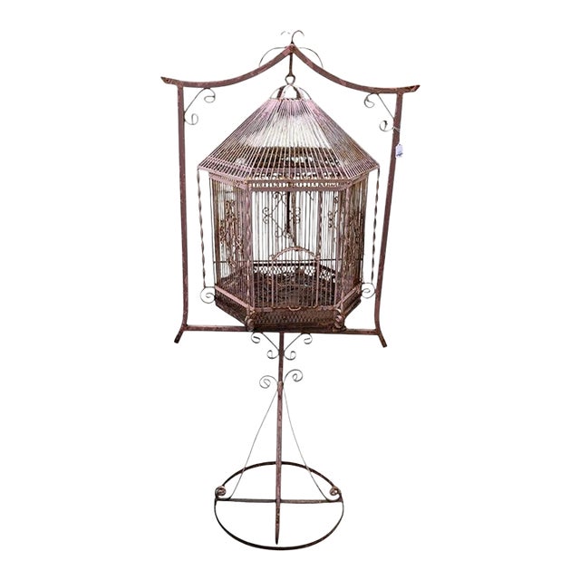 Vintage Iron Birdcage on Stand For Sale