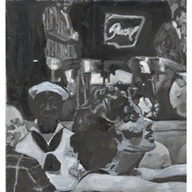 This painting is a scene from Fellini's La Dolce Vita. It is painted with different black whites and grays. The energy of...