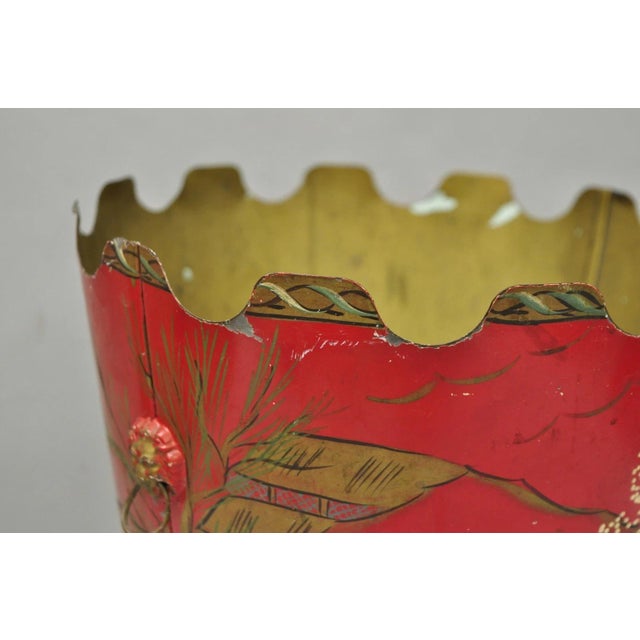 Metal Mid 20th Century Italian Chinoiserie Hand Painted Oriental Red Tole Metal Wastebasket Trashcan For Sale - Image 7 of 18