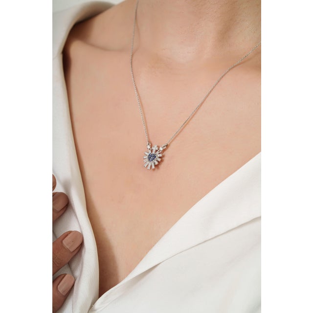 Metal Sacred Heart Blue Sapphire & Diamond Sunburst Pendant Necklace in 14k White Gold For Sale - Image 7 of 17
