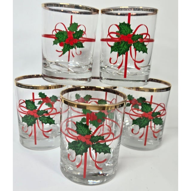 Metal Mid-Century Holly and Ribbons Double Old Fashioned Glasses- Set of Six For Sale - Image 7 of 17