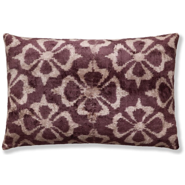 2020s Luxury Silk Velvet Ikat Pillow in Mulberry and Cream 16x24 Inch With Down Feather Insert For Sale - Image 5 of 8