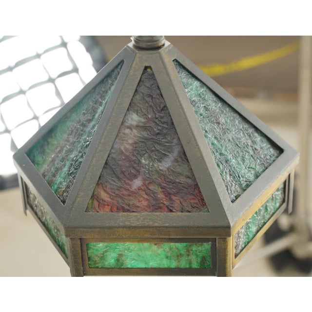 Mid 20th Century Arts & Crafts Green Slag Glass Hexagonal Pendant Light - R291935 For Sale - Image 4 of 8