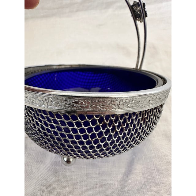 Vintage Cobalt Blue Preserve Bowl W/Chrome Basket For Sale - Image 4 of 6