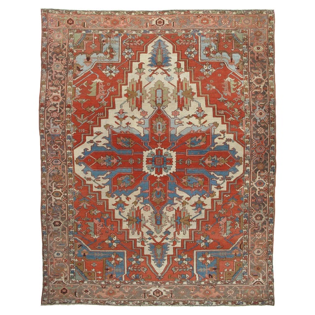 Antique Persian Serapi Carpet, Handmade Wool Oriental Rug, Rust, Ivory, Lit Blue For Sale - Image 17 of 17