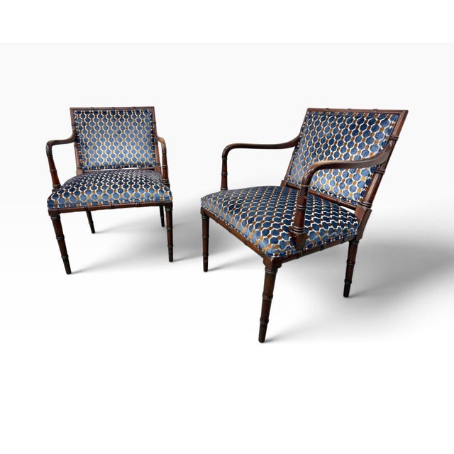Hollywood Regency Vintage Faux Bamboo Armchairs With Geometric Upholstery – Set of 2 For Sale - Image 3 of 7