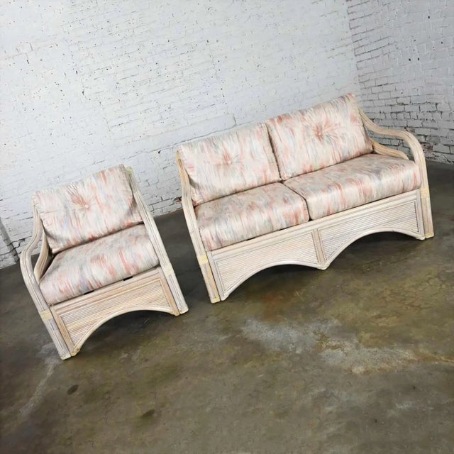 Contemporary Cerused Reeded Rattan Love Seat & Lounge Chair Manner of Gabriella Crespi For Sale - Image 3 of 13