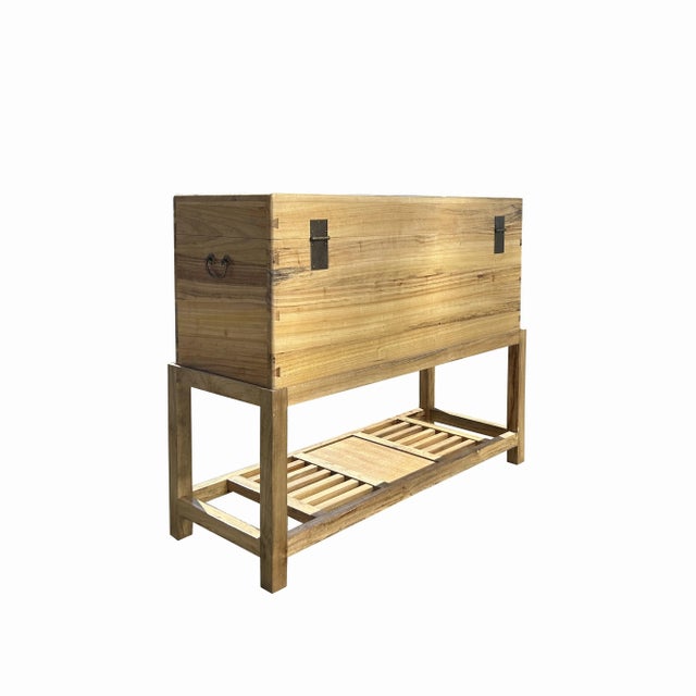 Wood Chinese Lotus Green Leaf Tan Color Rectangular Wood Trunk on Stand For Sale - Image 7 of 7