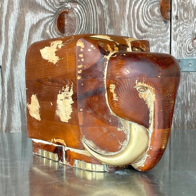 Late 20th Century Vintage Boho Carved Wood and Brass Elephant For Sale - Image 5 of 8