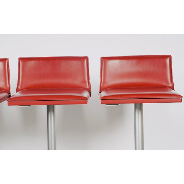 Set of Four Frag Bottega Italian Red Leather Adjustable Swivel Bar Stools For Sale - Image 4 of 12