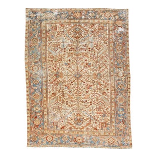 1930s Handmade Allover Vintage Heriz Wool Rug in Beige For Sale