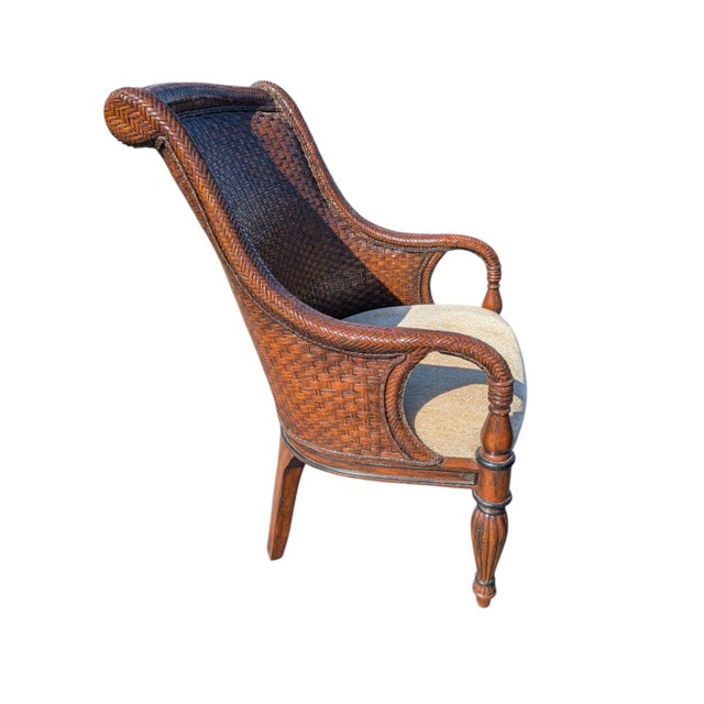 Late 20th Century Set of 4 Marge Carson British Colonial Woven Rattan Armchairs For Sale - Image 9 of 14