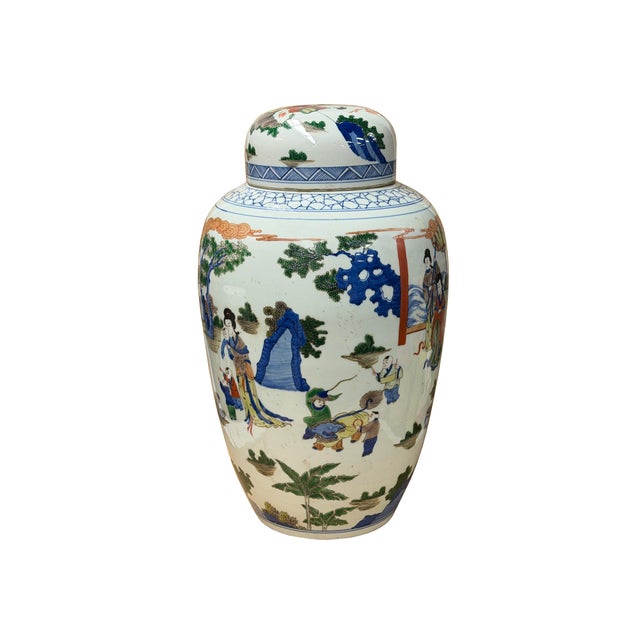 Asian Oriental Color Family Gathering Graphic White Base Porcelain Jar For Sale - Image 3 of 18