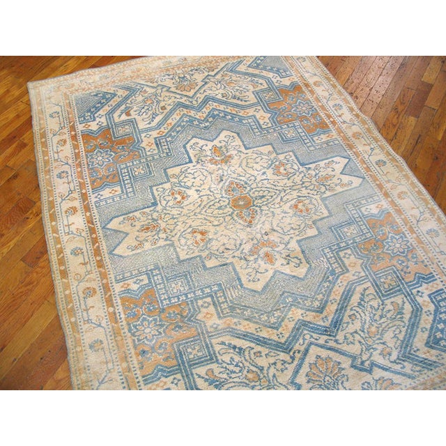 1920s Soft Blue Ivory Tan Antique Indian Agra Cotton Rug 4'3" X 6' Geometric Carpet For Sale - Image 4 of 6