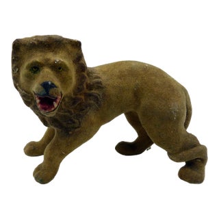 c.1848 Antique German 5" Flocked Lion Erzgebirge Zoo Folk Art Museum Documented Animalia For Sale