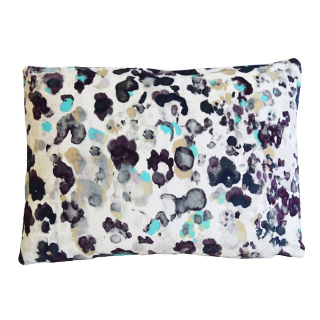 Stunning pair of custom-tailored pillows in Romo "Niumi Aster" cotton-velvet fabric depicting an elusive inky floral with...