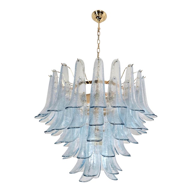 1980s Mid Century Modern Blue Murano Glass Petal Chandelier For Sale