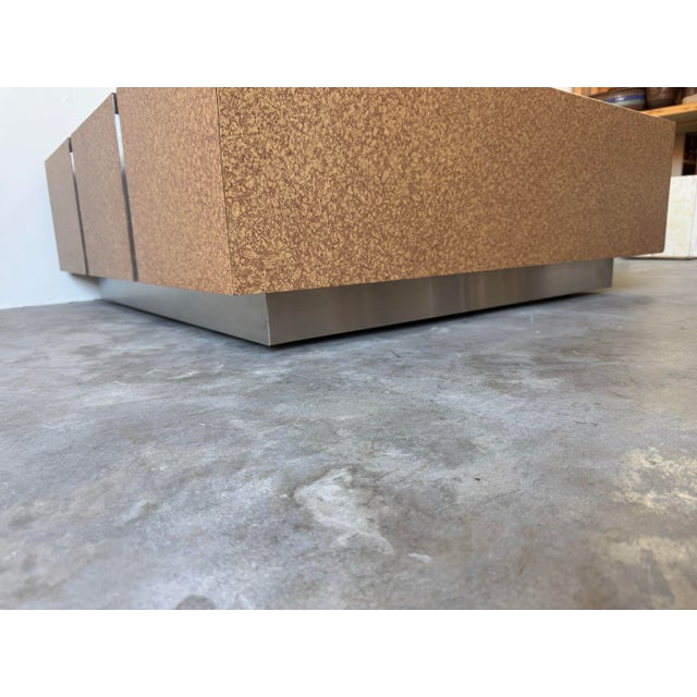 Metal 1980s Postmodern Laminated Tortoiseshell & Brushed Steel Plinth Base Coffee Table on Wheels For Sale - Image 7 of 12